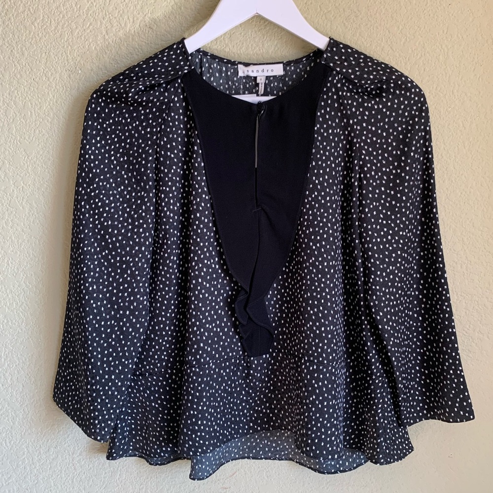 NWT SANDRO Paris Peplum Black & White Blouse